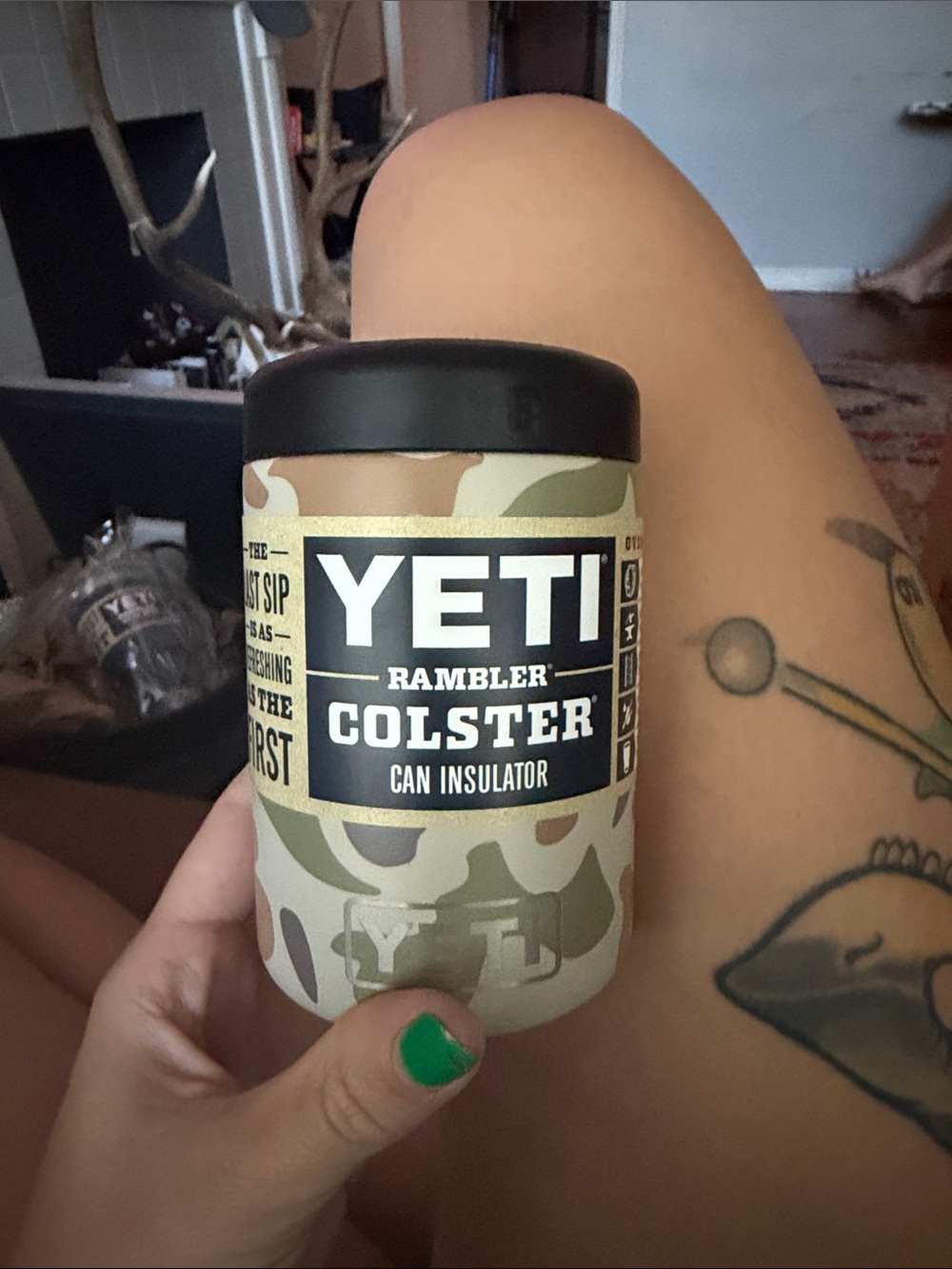 Yeti Rambler Colster Can Insulator - Camo Pattern with Black Lid